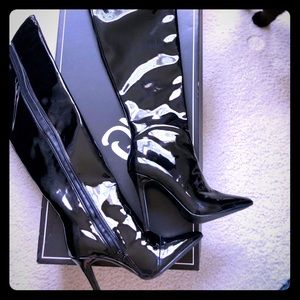 Quipid black patent over the knee stiletto boots